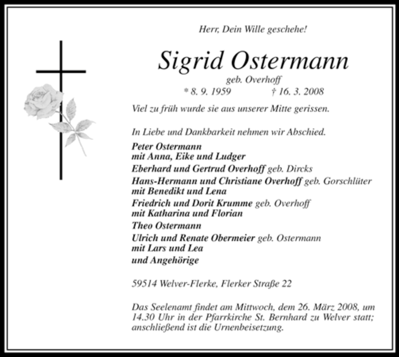 Traueranzeigen Von SIGRID OSTERMANN Trauer Nrw