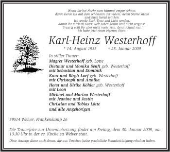 Traueranzeigen Von Karl Heinz Westerhoff Trauer Nrw