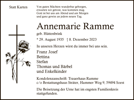 Traueranzeigen Von Annemarie Ramme Trauer Nrw