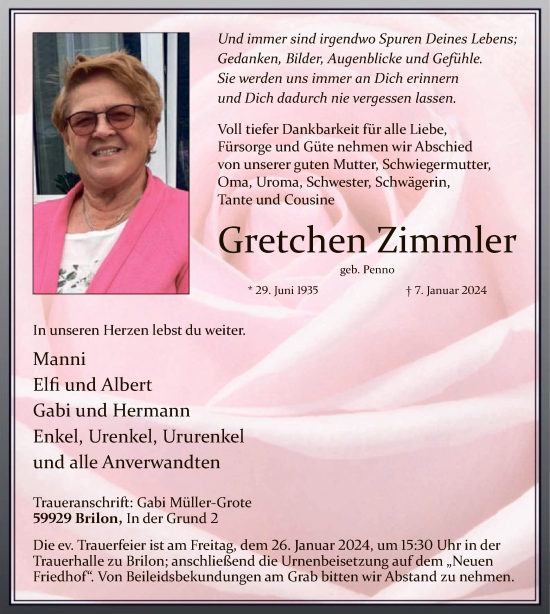 Traueranzeigen Von Gretchen Zimmler Trauer Nrw