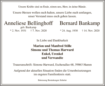 Traueranzeige von Anneliese und Bernard Bellinghoff
