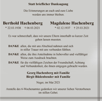 Traueranzeige von Berthold und Magdalene Hachenberg