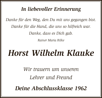 Traueranzeige von Horst Wilhelm Klauke