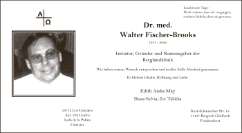 Traueranzeige von Walter Fischer-Brooks