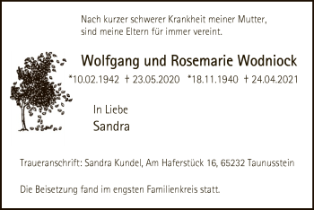 Traueranzeige von Wolfgang und Rosemarie Wodniock