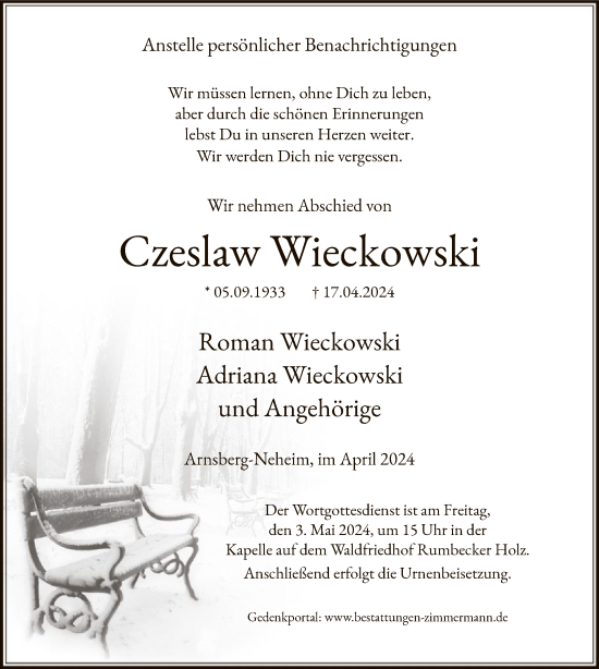 Traueranzeige von Czeslaw Wieckowski