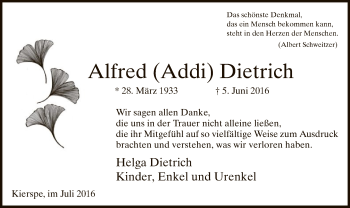 Traueranzeige von Alfred Dietrich