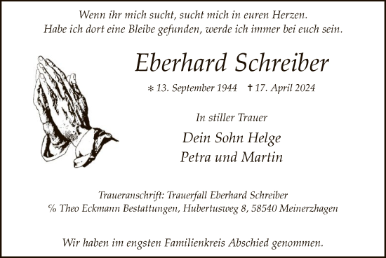 Traueranzeige von Eberhard Schreiber