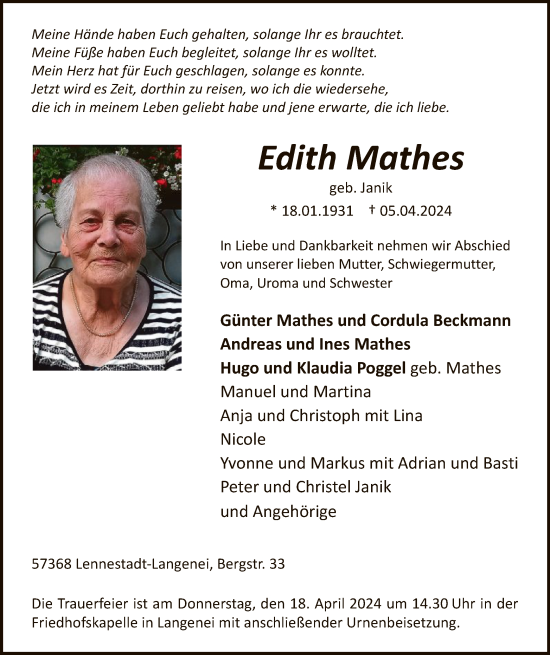 Traueranzeige von Edith Mathes