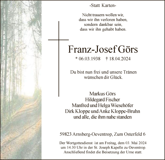 Traueranzeige von Franz-Josef Görs