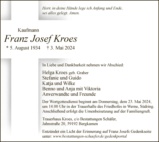 Traueranzeige von Franz Josef Kroes