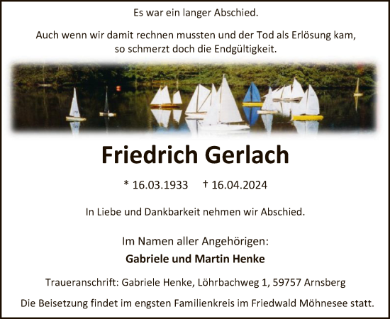 Traueranzeige von Friedrich Gerlach