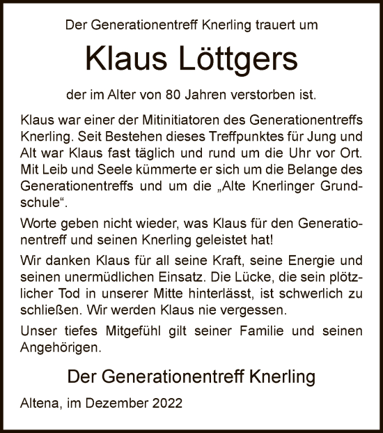 Traueranzeige von Klaus Löttgers