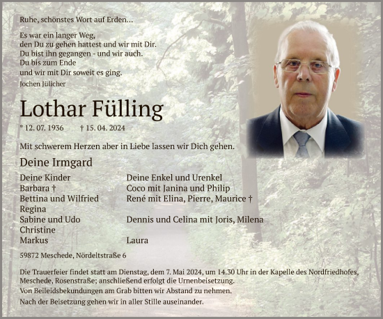 Traueranzeige von Lothar Fülling