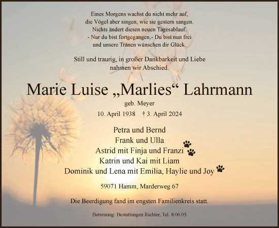 Traueranzeige von Marie Luise Lahrmann