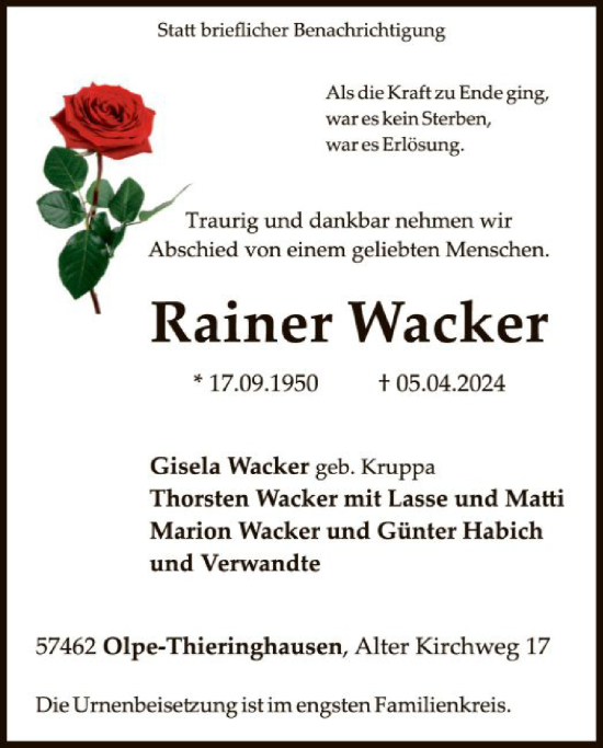 Traueranzeige von Rainer Wacker