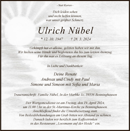 Traueranzeige von Ulrich Nübel