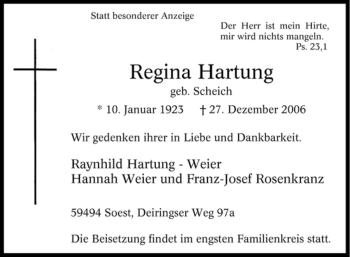 Traueranzeige von Regina Hartung von WESTFÄLISCHER ANZEIGER