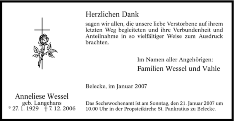 Traueranzeige für Anneliese Wessel vom 13.01.2007 aus WESTFÄLISCHER ANZEIGER