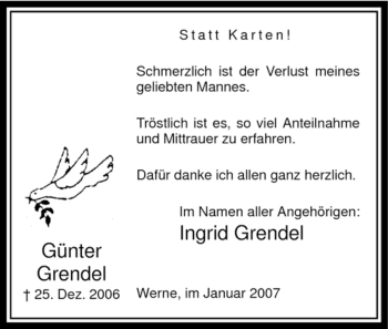 Traueranzeige von Günter Grendel von WESTFÄLISCHER ANZEIGER