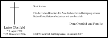 Traueranzeige von Luise Obstfeld von WESTFÄLISCHER ANZEIGER