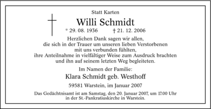  Traueranzeige für Willi Schmidt vom 18.01.2007 aus WESTFÄLISCHER ANZEIGER