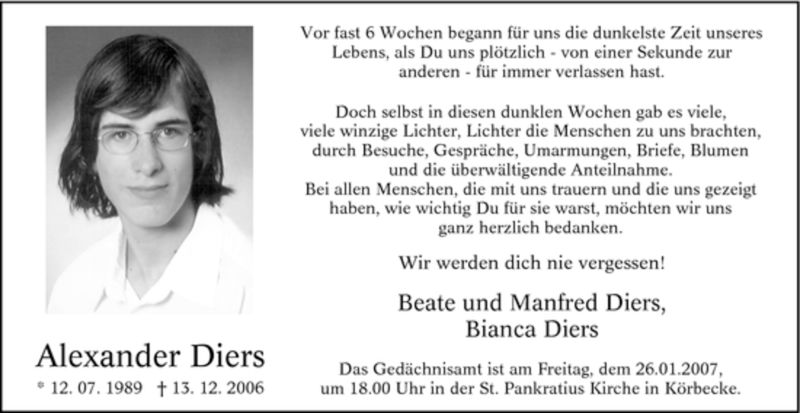  Traueranzeige für Alexander Diers vom 20.01.2007 aus WESTFÄLISCHER ANZEIGER