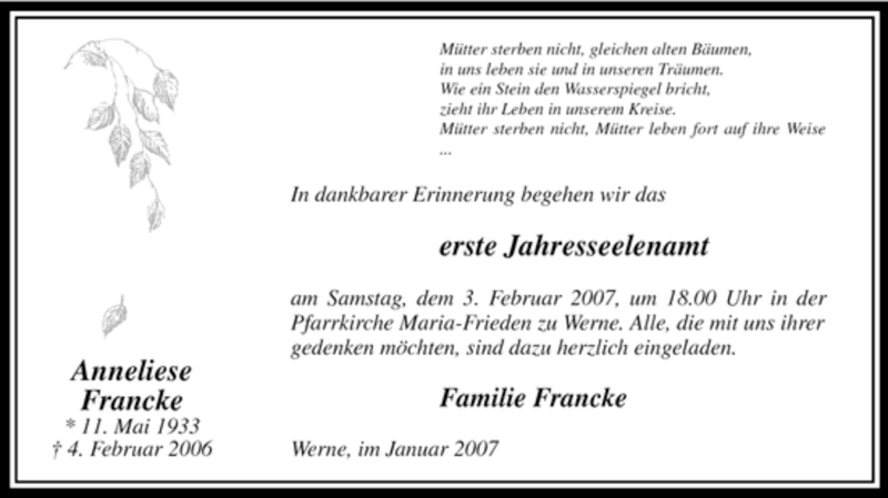  Traueranzeige für Anneliese Francke vom 31.01.2007 aus WESTFÄLISCHER ANZEIGER