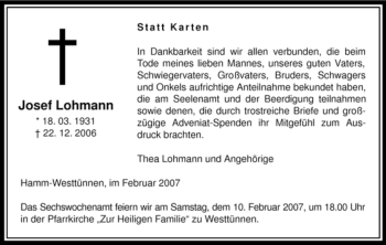 Traueranzeige von Josef Lohmann von WESTFÄLISCHER ANZEIGER