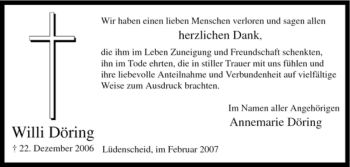 Traueranzeige von Willi Döring von WESTFÄLISCHER ANZEIGER