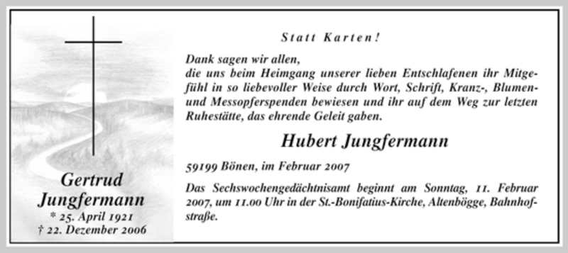  Traueranzeige für Gertrud Jungfermann vom 03.02.2007 aus WESTFÄLISCHER ANZEIGER