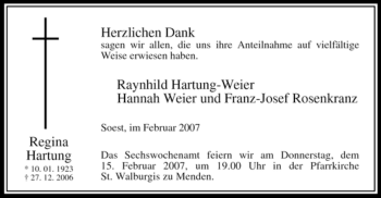 Traueranzeige von Regina Hartung von WESTFÄLISCHER ANZEIGER