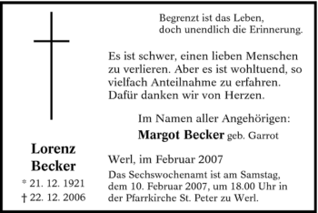 Traueranzeige von Lorenz Becker von WESTFÄLISCHER ANZEIGER