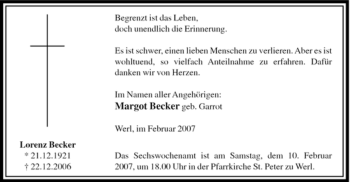 Traueranzeige von Lorenz Becker von WESTFÄLISCHER ANZEIGER