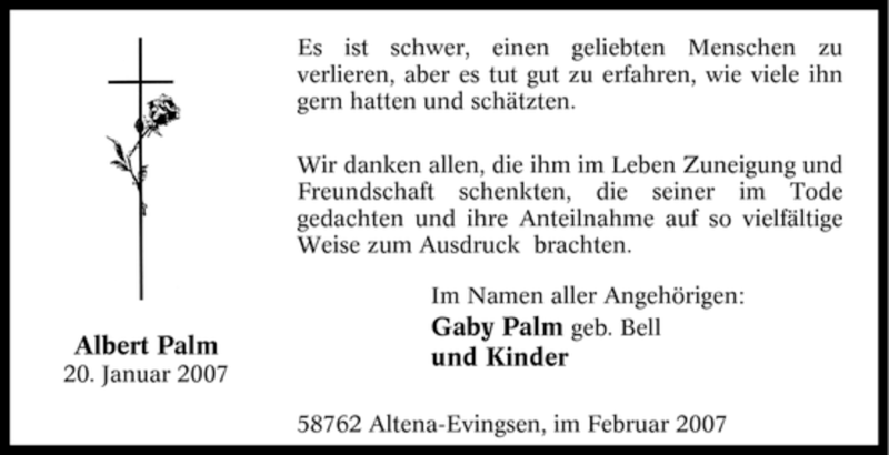  Traueranzeige für Albert Palm vom 10.02.2007 aus WESTFÄLISCHER ANZEIGER