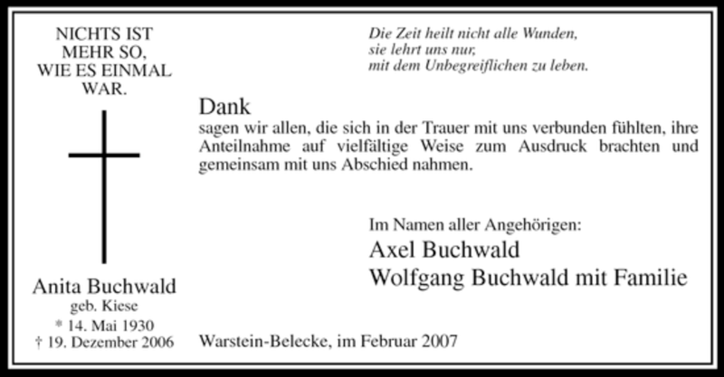  Traueranzeige für Anita Buchwald vom 10.02.2007 aus WESTFÄLISCHER ANZEIGER