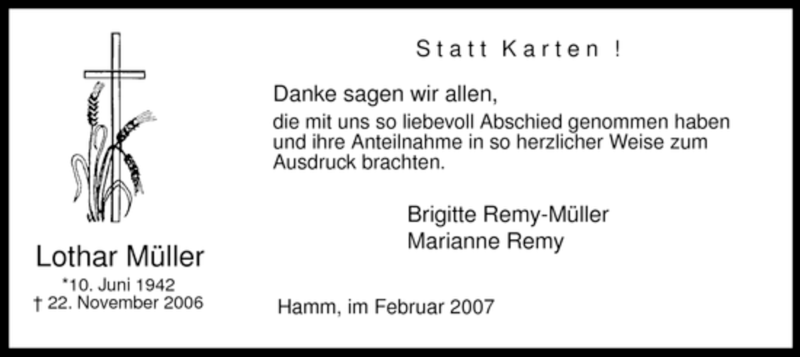  Traueranzeige für Lothar Müller vom 10.02.2007 aus WESTFÄLISCHER ANZEIGER