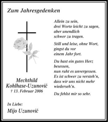 Traueranzeige von Mechthild Kohlhase-Uzunovic von WESTFÄLISCHER ANZEIGER