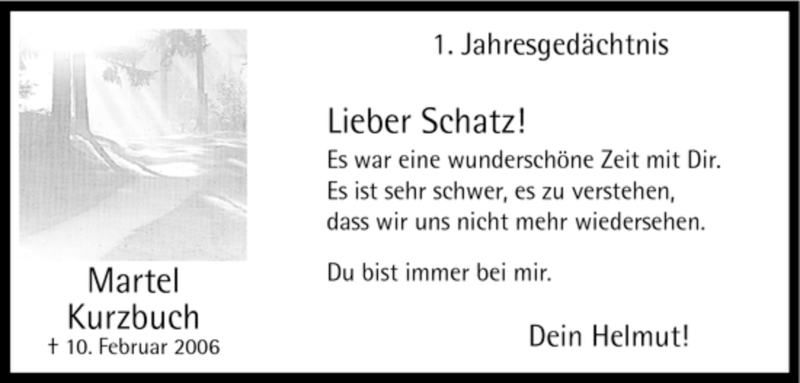  Traueranzeige für Martel Kurzbuch vom 10.02.2007 aus WESTFÄLISCHER ANZEIGER