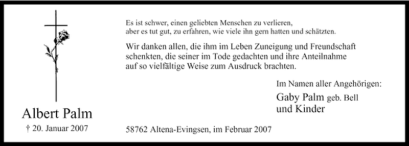  Traueranzeige für Albert Palm vom 10.02.2007 aus WESTFÄLISCHER ANZEIGER