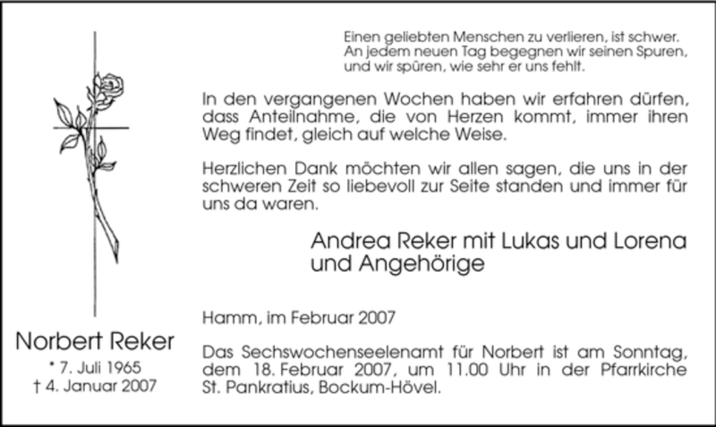  Traueranzeige für Norbert Reker vom 10.02.2007 aus WESTFÄLISCHER ANZEIGER