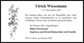 Traueranzeige von Ulrich Wiesemann von WESTFÄLISCHER ANZEIGER