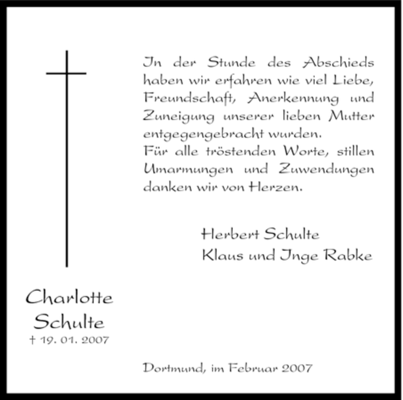  Traueranzeige für Charlotte Schulte vom 17.02.2007 aus WESTFÄLISCHER ANZEIGER