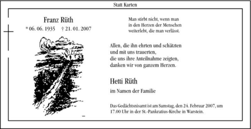  Traueranzeige für Franz Rüth vom 17.02.2007 aus WESTFÄLISCHER ANZEIGER