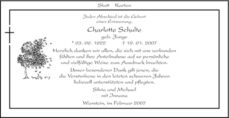  Traueranzeige für Charlotte Schulte vom 17.02.2007 aus WESTFÄLISCHER ANZEIGER