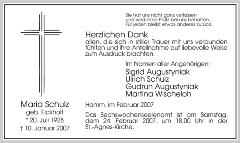  Traueranzeige für Maria Schulz vom 17.02.2007 aus WESTFÄLISCHER ANZEIGER