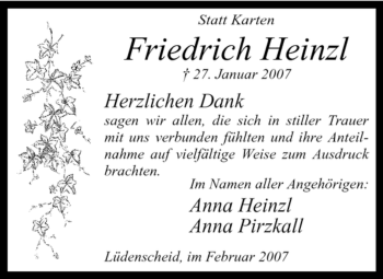 Traueranzeige von Friedrich Heinzl von WESTFÄLISCHER ANZEIGER