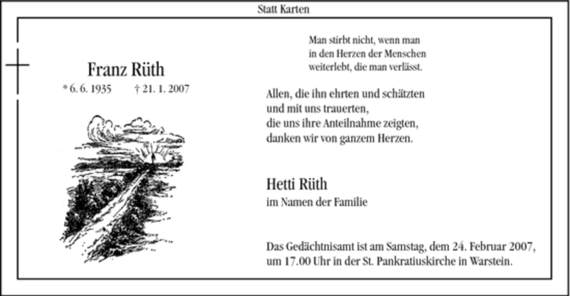 Traueranzeige für Franz Rüth vom 17.02.2007 aus WESTFÄLISCHER ANZEIGER