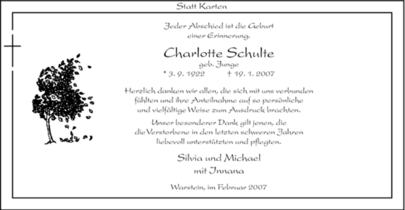  Traueranzeige für Charlotte Schulte vom 17.02.2007 aus WESTFÄLISCHER ANZEIGER