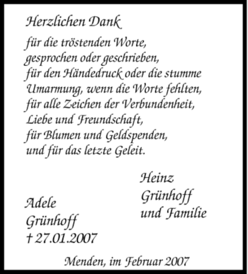 Traueranzeige von Adele Grünhoff von WESTFÄLISCHER ANZEIGER